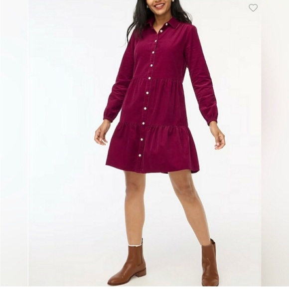 ♥️J.Crew Factory Corduroy Collared Mini Shirtdress - 00 - Deep Raspberry - Picture 1 of 14
